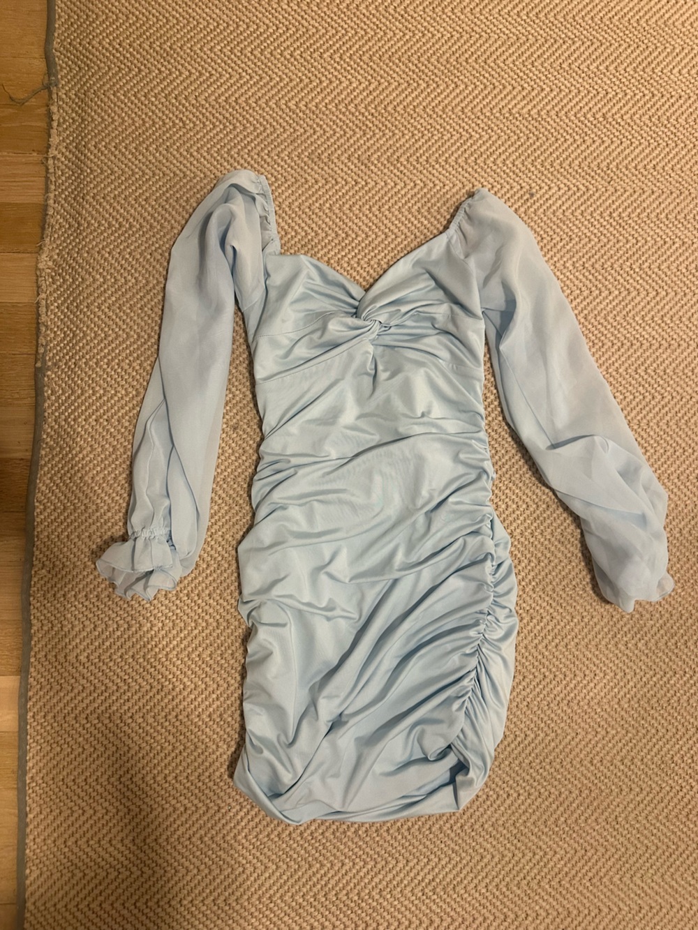 Lucy in the Sky Light Blue Ruched Long-Sleeve Mini Dress